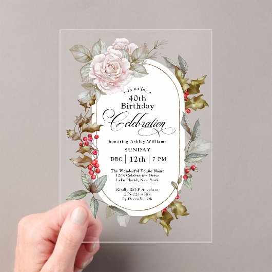 Vrouwelijke Bloemen December 40ste Verjaardag Vier Acryl Uitnodigingen (Insitu (Draagbaar))