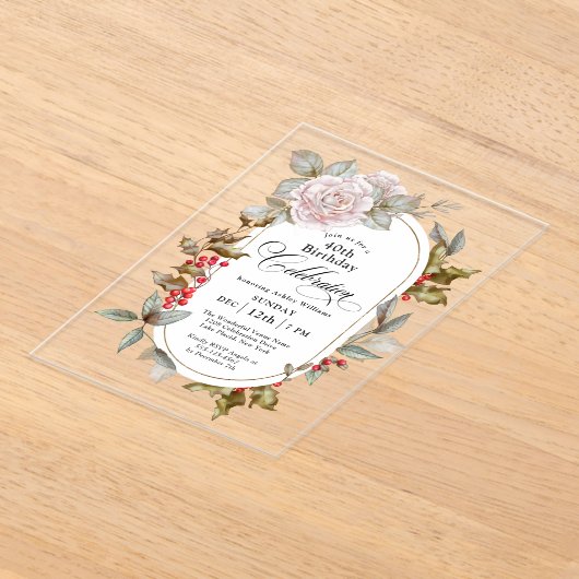 Vrouwelijke Bloemen December 40ste Verjaardag Vier Acryl Uitnodigingen (Laagn)