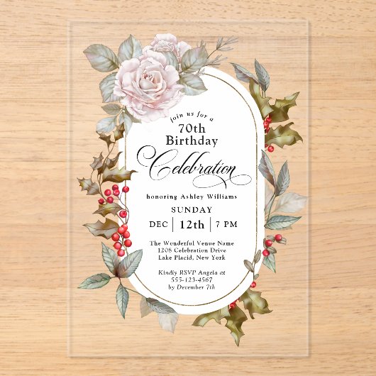 Vrouwelijke Bloemen December 70ste Verjaardag Vier Acryl Uitnodigingen (Voorkant)