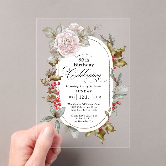 Vrouwelijke Bloemen December 80ste Verjaardag Vier Acryl Uitnodigingen (Insitu (Draagbaar))