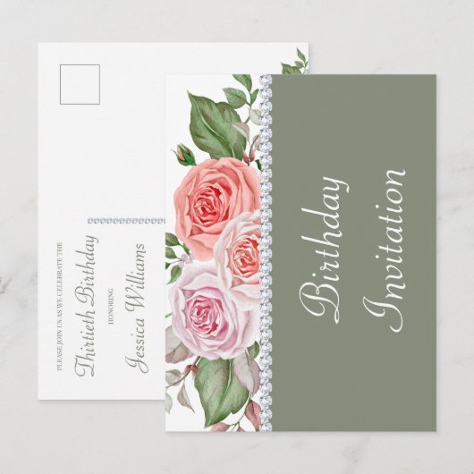Vrouwelijke Bloemen & Diamant 30ste Verjaardag Uitnodiging Briefkaart (Voorkant / Achterkant)