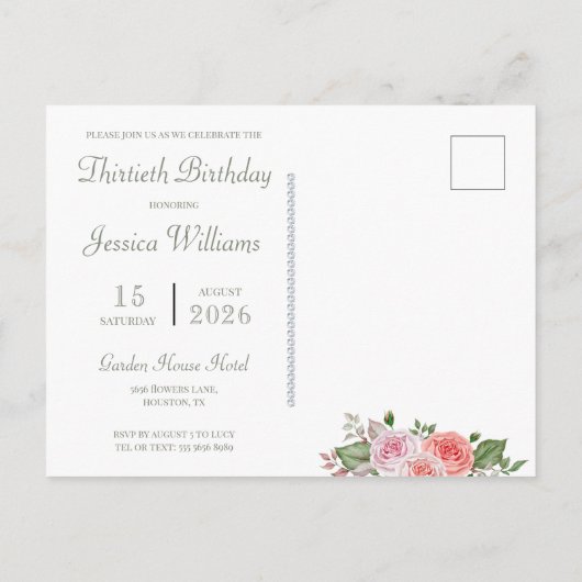 Vrouwelijke Bloemen & Diamant 30ste Verjaardag Uitnodiging Briefkaart (Achterkant)