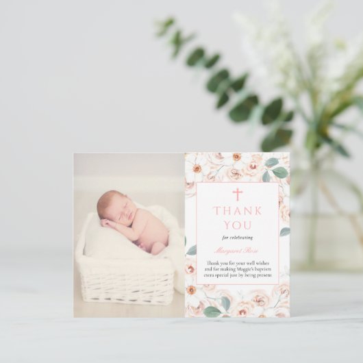 Vrouwelijke bloemen doop foto dank u kaart (Staand voorkant)