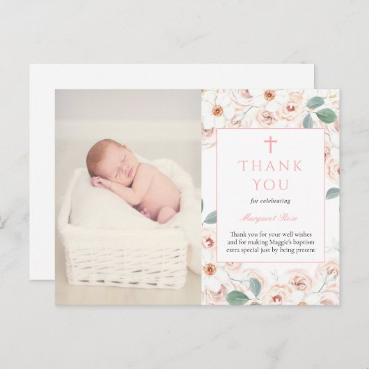 Vrouwelijke bloemen doop foto dank u kaart (Voorkant / Achterkant)