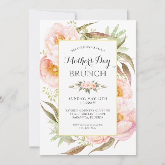 Vrouwelijke Bloemen Roze pioenen Moederdag Brunch Kaart (Voorkant)