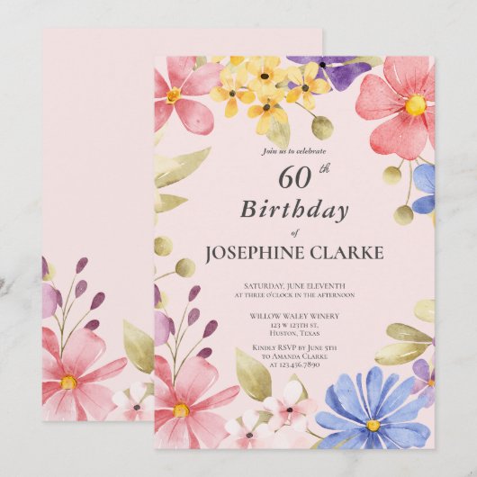Vrouwelijke bloemenkrans 60e verjaardagsfeestje kaart (Voorkant / Achterkant)