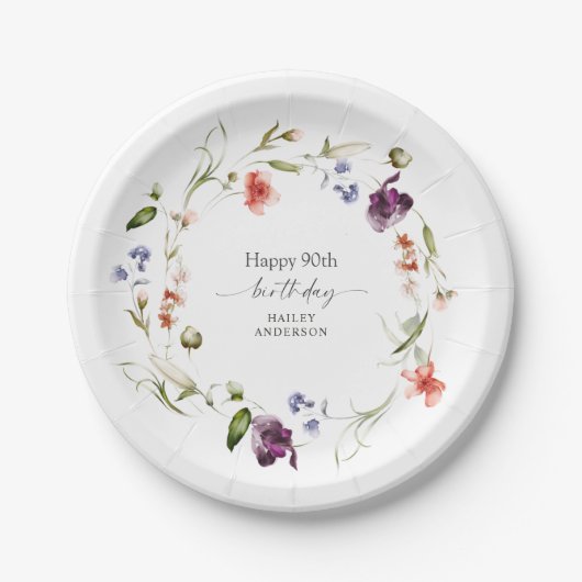 Vrouwelijke Bloemenkrans Gelukkige 90ste Verjaarda Papieren Bordje (Voorkant)