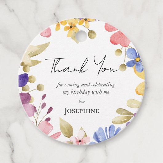 Vrouwelijke bloemenkrans verjaardag bedankjes labels (Voorkant)