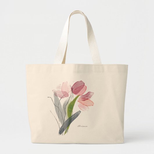 Vrouwelijke Bloemige Tulpen Groene Bladeren Grote  Grote Tote Bag (Voorkant)