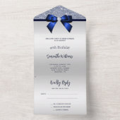 Vrouwelijke Blue Gem Bow & Glitter Verjaardag All In One Uitnodiging (Binnen)