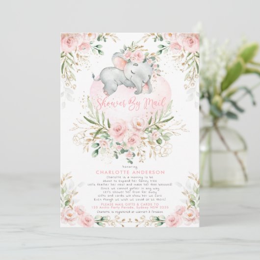 Vrouwelijke Blush Gold Elephant Baby shower per po Kaart (Staand voorkant)