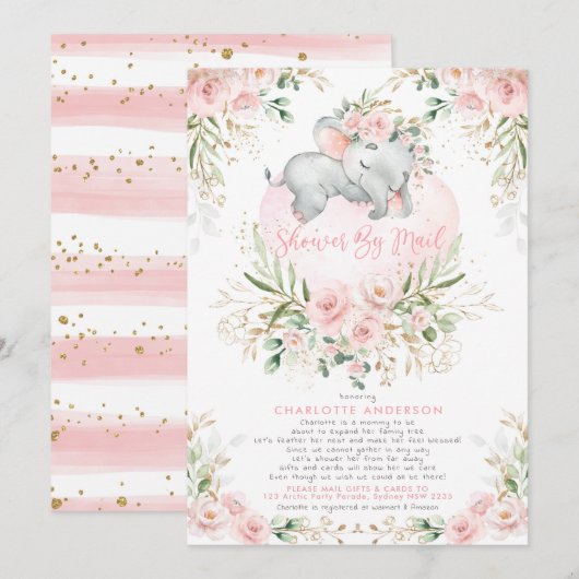 Vrouwelijke Blush Gold Elephant Baby shower per po Kaart (Voorkant / Achterkant)
