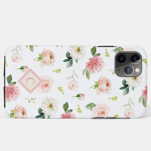 Vrouwelijke Blush Roses Patroon met Monogram Case-Mate iPhone Case (Achterkant (horizontaal))