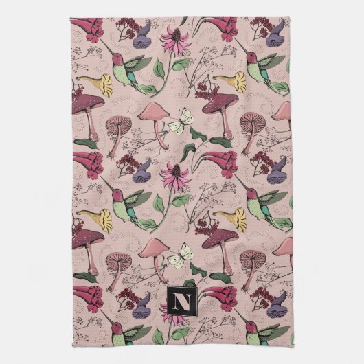 Vrouwelijke Blush Roze Bloemen Kolibrie Tuin Theedoek (Verticaal)