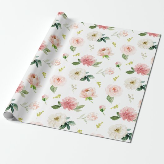 Vrouwelijke Blush Roze Bloemen Waterverf Patroon Cadeaupapier (Uitgerold)