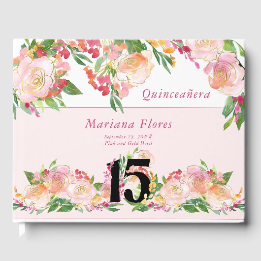 Vrouwelijke Blush Roze en Gouden Bloemen 15e Verja Gastenboek (Voorkant)