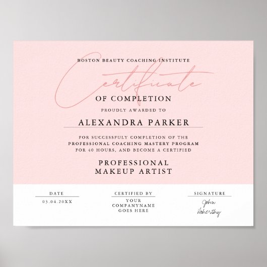 Vrouwelijke Blush Roze En Witte Certificaatondersc Poster (Voorkant)