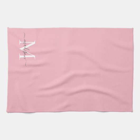 Vrouwelijke Blush Roze Grijs Monogram Script Naam  Theedoek (Horizontaal)