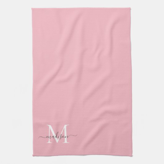 Vrouwelijke Blush Roze Grijs Monogram Script Naam  Theedoek (Verticaal)