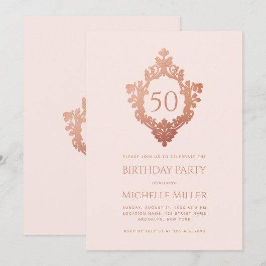 Vrouwelijke Blush Roze Rose Gold Crest 50ste verja Kaart (Voorkant / Achterkant)