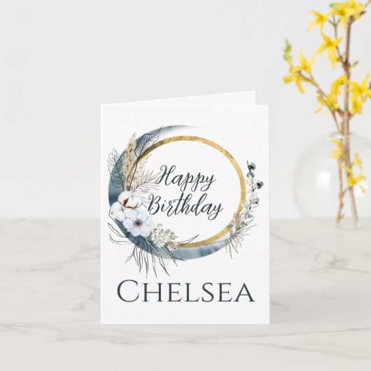 Vrouwelijke Boho Moon Verjaardag Kaart voor haar (Gele Bloem)