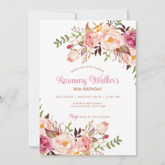 Vrouwelijke Boho Roze pioenroos Bloemen 80ste verj Kaart (Voorkant)