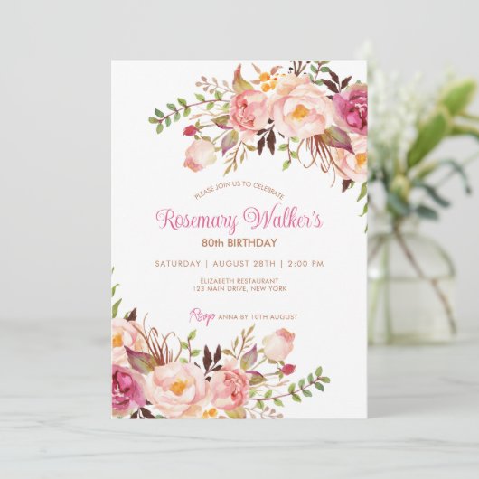 Vrouwelijke Boho Roze pioenroos Bloemen 80ste verj Kaart (Staand voorkant)