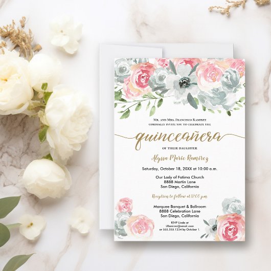 Vrouwelijke Boho Waterverf Floral Quinceanera Kaart