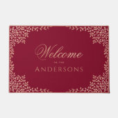 Vrouwelijke Bourgogne Roze Welkom Roos Gouden Blad Deurmat (Voorkant)