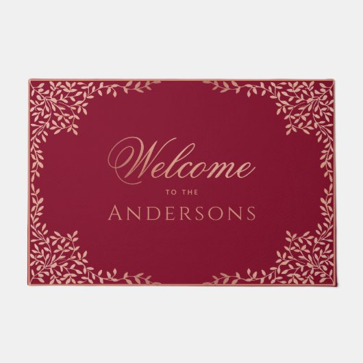 Vrouwelijke Bourgogne Roze Welkom Roos Gouden Blad Deurmat (Voorkant)