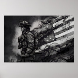 Vrouwelijke brandweerman rookt Amerikaanse vlag tr Poster