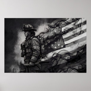 Vrouwelijke brandweerman rookt Amerikaanse vlag tr Poster