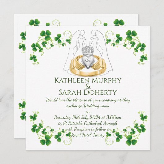 Vrouwelijke Claddagh-ring en klavertjes & Shamrock Kaart (Voorkant / Achterkant)