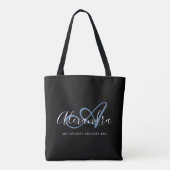 Vrouwelijke denim blauwe elegante script naam mono tote bag (Achterkant)