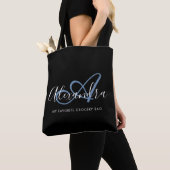 Vrouwelijke denim blauwe elegante script naam mono tote bag (Dichtbij)