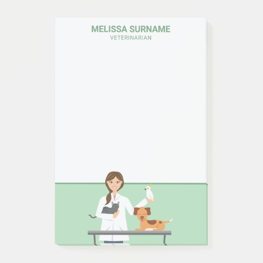 Vrouwelijke dierenarts met leuke dieren & uw tekst post-it® notes (Voorkant)