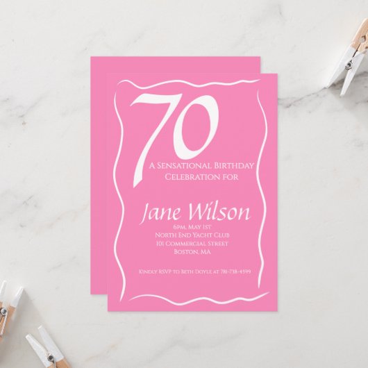 Vrouwelijke Elegante Roze Schrift 70e Verjaardag Kaart (Voorkant / Achterkant in situ)