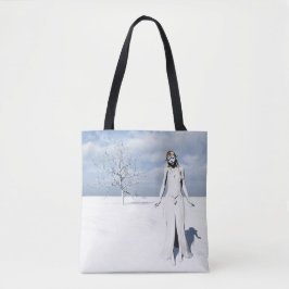 Vrouwelijke elf die in de sneeuw loopt tote bag