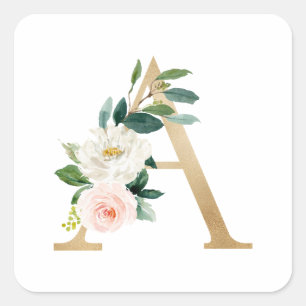 Vrouwelijke Faux Gouden Folie Bloemen Letter A Mon Vierkante Sticker