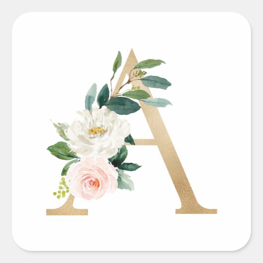 Vrouwelijke Faux Gouden Folie Bloemen Letter A Mon Vierkante Sticker (Voorkant)