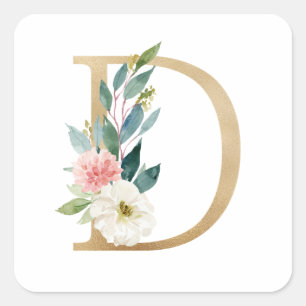 Vrouwelijke Faux Gouden Folie Bloemen Letter D Mon Vierkante Sticker