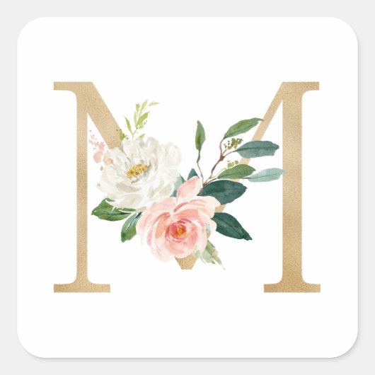 Vrouwelijke Faux Gouden Folie Bloemen Letter M Mon Vierkante Sticker (Voorkant)