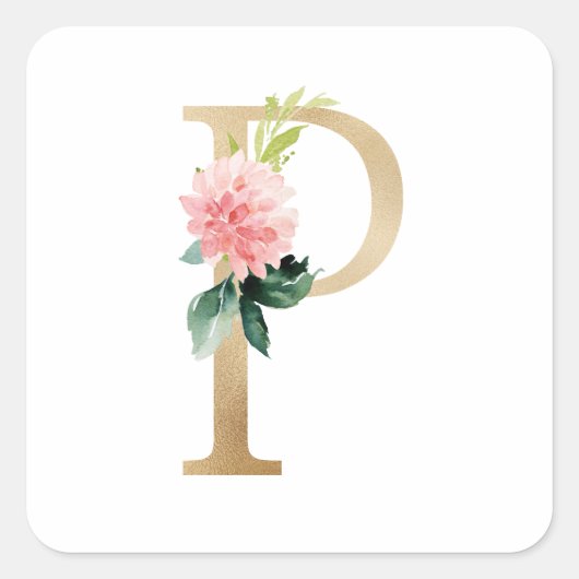 Vrouwelijke Faux Gouden Folie Bloemen Letter P Mon Vierkante Sticker (Voorkant)