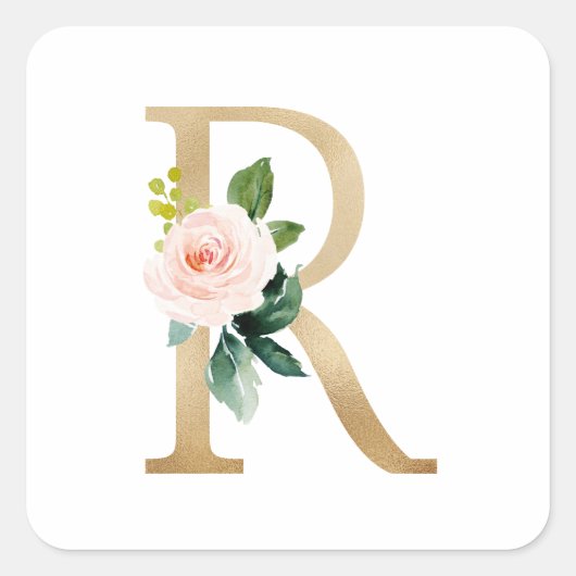 Vrouwelijke Faux Gouden Folie Bloemen Letter R Mon Vierkante Sticker (Voorkant)