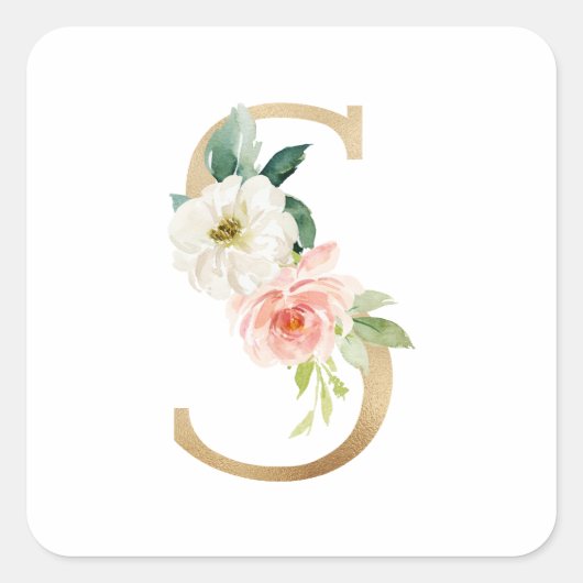 Vrouwelijke Faux Gouden Folie Bloemen Letter S Mon Vierkante Sticker (Voorkant)
