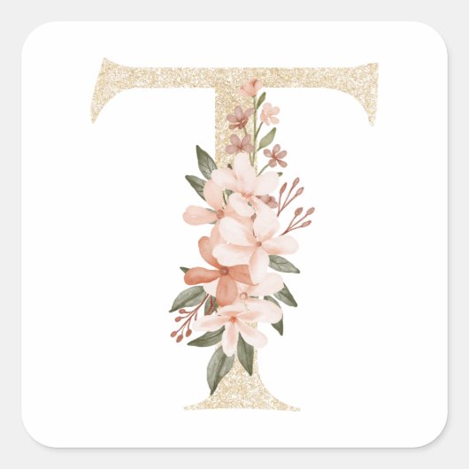 Vrouwelijke Faux Gouden Folie Bloemen Letter T Mon Vierkante Sticker (Voorkant)