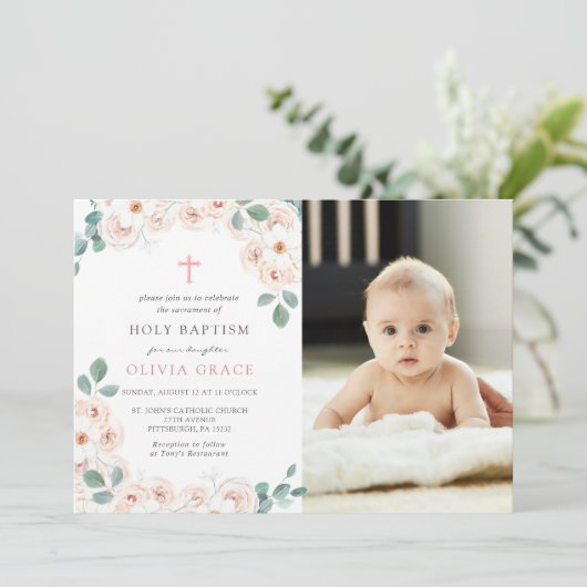Vrouwelijke Floral Baptism Foto uitnodiging (Staand voorkant)