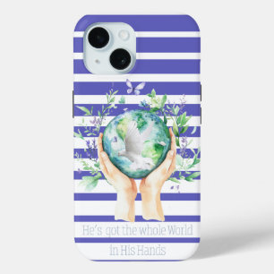 Vrouwelijke geloof blauw wit gestreepte aarde hand iPhone 15 case