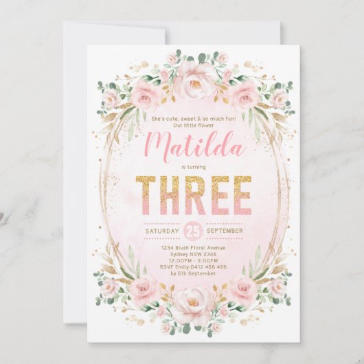 Vrouwelijke Glam Blush Bloemen Roze Goud 3e Verjaa Kaart (Voorkant)