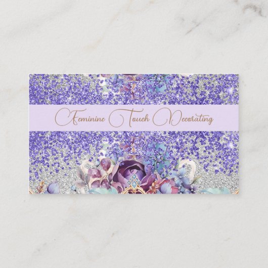 Vrouwelijke glinsterende bloemenglitter art visitekaartje (Achterkant)